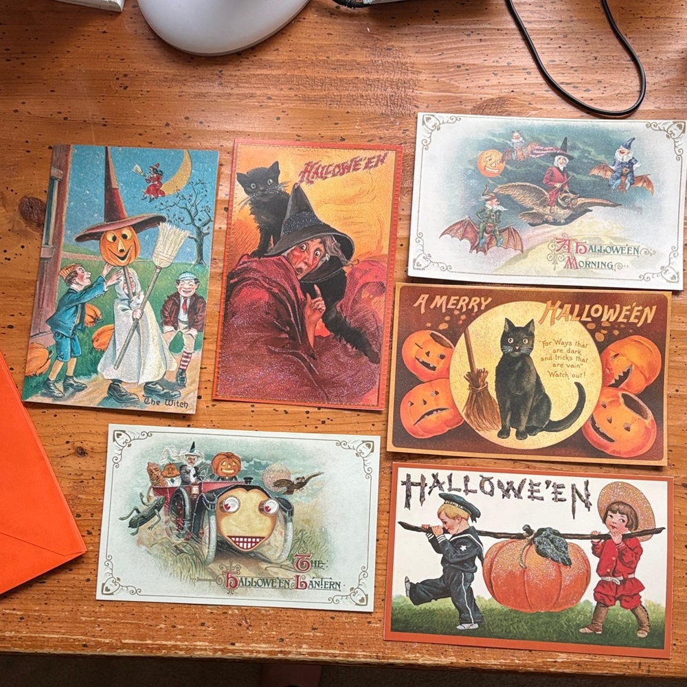 Set of 6 Vintage Looking Halloween Cards, 5” x 8”, Old World Christmas